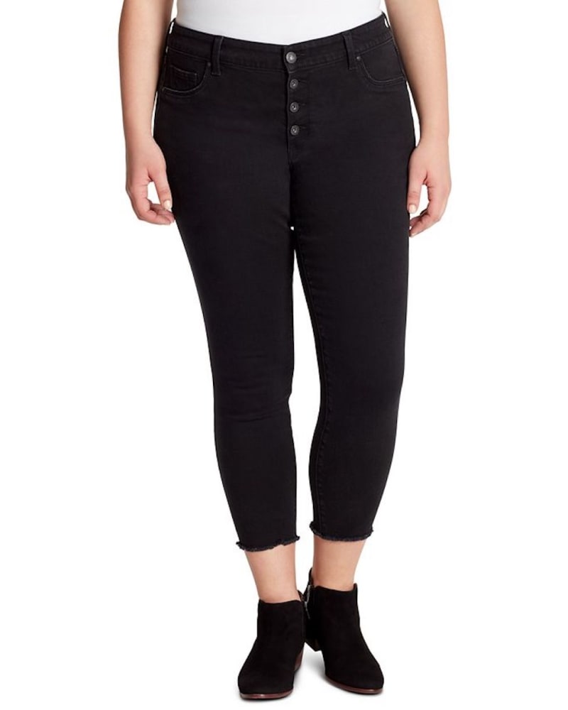Front of a model wearing a size 14W Jessica Simpson Women's Trendy Kiss Me Skinny Ankle Jeans Black 14W in Black by Jessica Simpson. | dia_product_style_image_id:307107